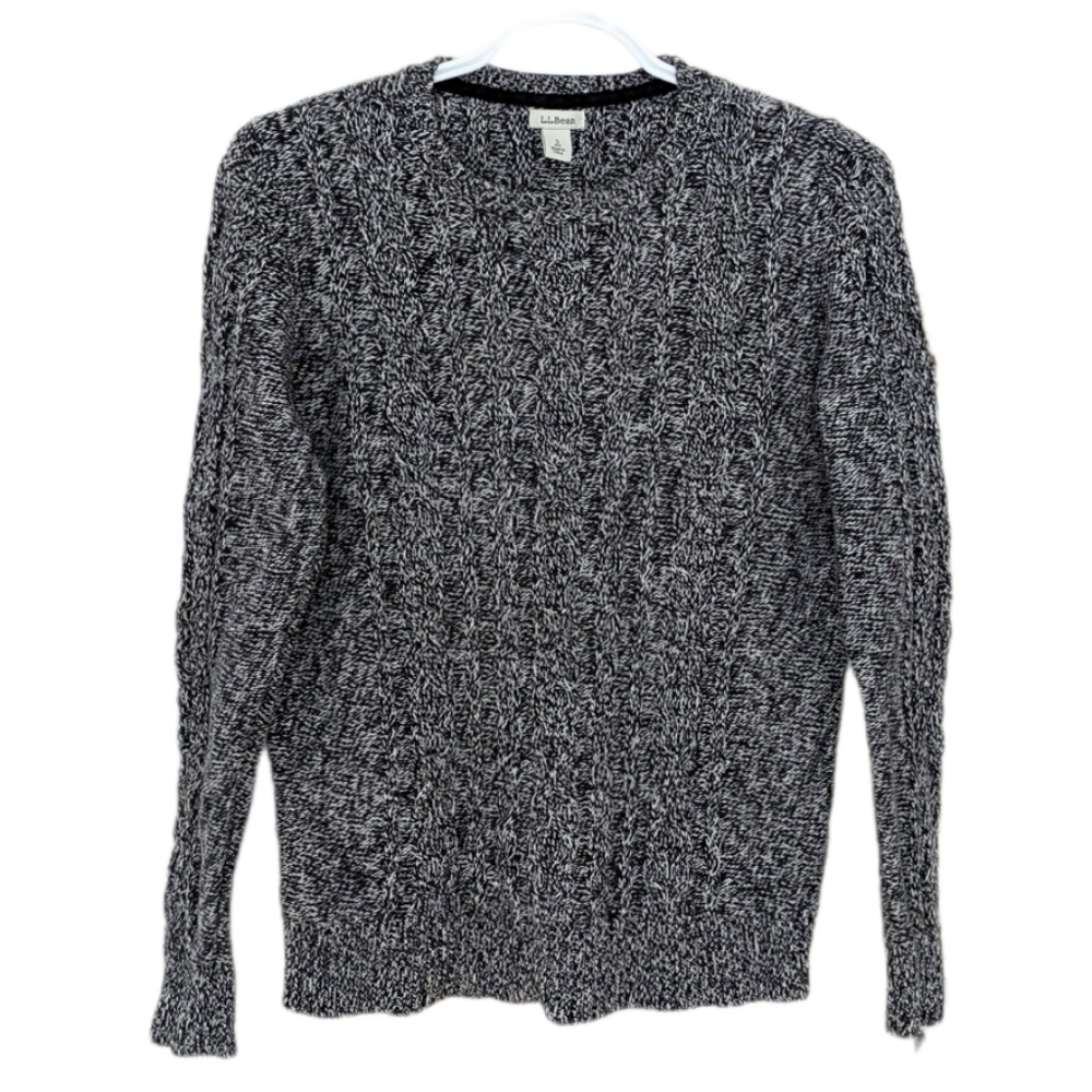 L.L. Bean cable knit crew neck heather grey black 100% cotton sweater T9